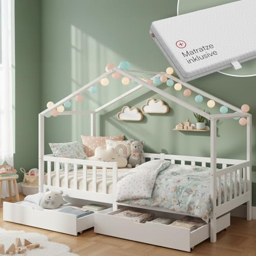 Bellabino Bia Schubladenbett 80x160 cm, Weiß, mit Matratze, 2 Schubladen | Montessori Hausbett aus Kiefer Massivholz, mit Rausfallschutz, mit Lattenrost, Stauraum, Kinderbett für Jungen & Mädchen