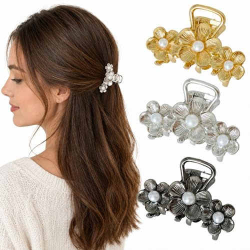 Ypkia Set di 3 fermagli per capelli con perle, piccoli fermagli per capelli da donna, in metallo, per donne e ragazze