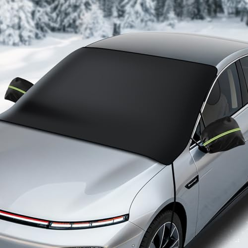 CHWNIBAY Couverture Pare Brise Voiture Hiver, Protection Pare Brise Hiver, Repliable, sans Aimants, Anti-Givre, Neige, Gel et UV, Universelle Toutes Voitures et SUV, 220x140cm, Noir