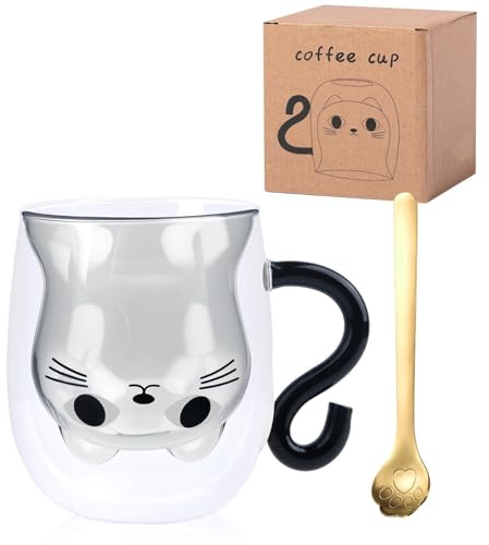 Makone Cat Cup2 Cat Mug Double Walled Glass Mugs with A Gold Spoon,300ml Cute Mug Coffee Mike Tea Cups,Birthday Valentines Mothers Day Easter Christmas Gifts for Women Children Wife Mum Girlfriend