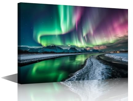 Aurora Landscape Wall Art Poster Living Room Bedroom Northern Lights Prints on Canvas Astronomy Aurora Artwork Picture Home Decor Wooden Framed Ready to Hang 16 Wx24 Hx1 Panel
