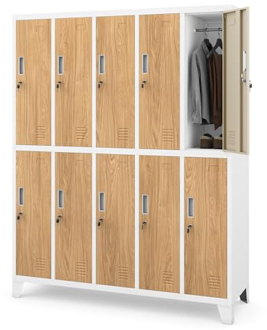 Jan Nowak Umkleideschrank Spindschrank Metall, 10 Fächer, abschließbar | Schließfachschrank für 10 Nutzer, Kleiderstangen, Lüftung, Etikettenhalter, Stahlkorpus und Wandmontage, 172x136x45 cm