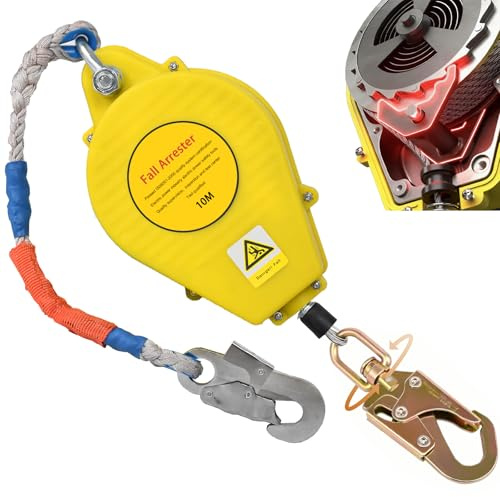 VFDZ Dispositif Antichute a Rappel Automatique 10m, 150 kg Harnais de Securite Anti Chute Toiture, Stop Chute Toiture à Rappel Automatique Rétractable pour Travaux en Hauteur(Jaune,10m)