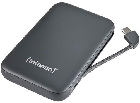 Intenso S10000 Powerbank 10.000 mAh - USB-C Kabel - PD 3.0 & 20W - Grau | Mobiler Akku mit integriertem Kabel, PPS Schnellladefunktion, LCD Anzeige und sicherem Schutz nach deutschem Standard