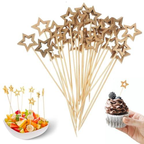 50 PCS Palillos para Aperitivos de Estrellas, Palillos de Dientes de Madera con Estrella Dorada, Decoraciones de Cócteles para la Fiesta del Día de Navidad Ramadán Eid