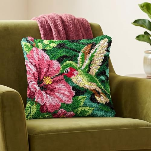 Xqzbmt Hummingbird Cushion Latch Hook Cushion Kits for Adults Beginners, Pre-Printed Canvas DIY Embroidery Cushion Cover, 17x17in Rug Making Kit Home Sofa Festive Decor & Gift