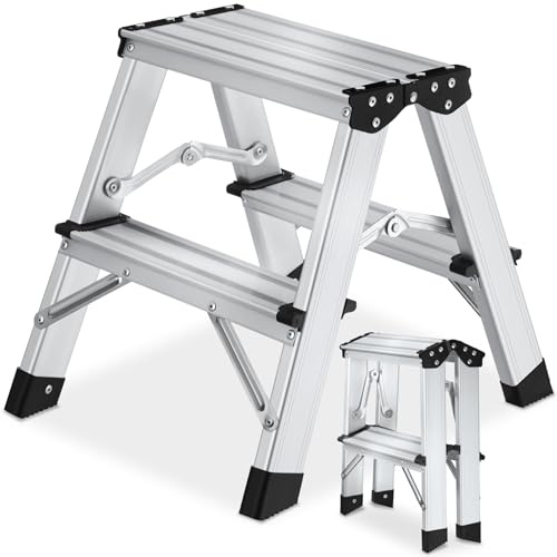 tectake® doppelseitige Aluminium Trittleiter, 2 Stufen, 150 kg Belastbarkeit, klappbar, rutschfest, geriffelte Trittfläche, Klappleiter, Haushaltstrittleiter, Faltleiter, Aluminium Leiter - Silber