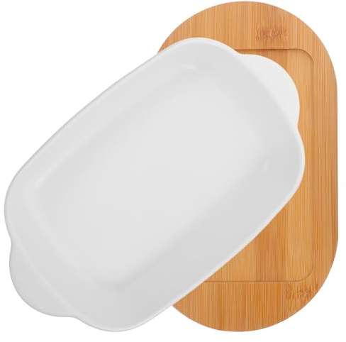 SOLUSTRE Baking Dish and Refrigerator Safe Ceramic with Dual Handles Rectangular and Wood Base, Smooth Surface 650ml Capacity for Serving Vegetables and Table Decoration