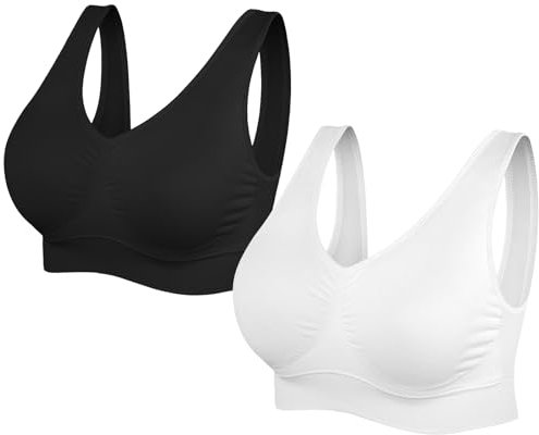SIMIYA Super Comfort Bra, Womens Sports Bras Removable Pads Plus Size Sleep Bras for Girls in Yoga Bralette Leisure Stretch Crop Tops Vest (M, 2 Pack Black+White)