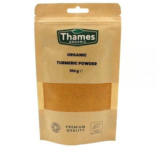 Organic Turmeric Powder - 100% Pure & Natural, No Additives, No Preservatives, Raw, Vegan, GMO-Free, Certified Organic - Versatile Spice for Cooking, Baking - Thames Organic 100g
