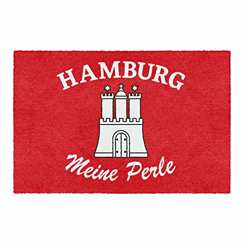 LA KO Waschbare Fußmatte 50x75cm - hochwertig Bedruckte Hamburg Fußmatte aus Deutschland (Hamburg rot)