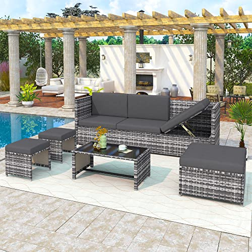 Merax Rattan Corner Sofa Garden Furniture Set,Outdoor Patio Dining Set,Rattan Corner Garden Sofa Furniture Set (Grey, set7)