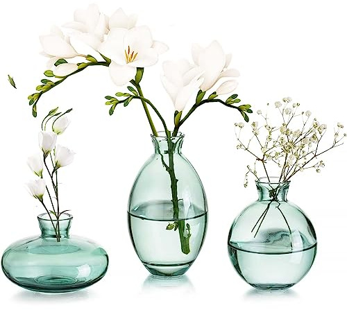 KMERCE Vasen 3er-Set Kleine Blumenvasen Modern aus Kristall Grün, Mini-Vasen Glasfläschchen, Vase dekorative, Glasvase Deco für Tischmitte, bücher, Hochzeit, Taufe, Geburtstag, Geschenk zum Muttertag
