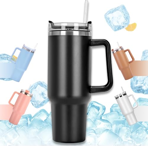 Thermobecher mit Strohhalm und Henkel, 40oz Kaffeebecher to Go mit Deckel,Doppelwandiger Edelstahl Vakuum Isolierbecher 1180ml, Autobecher,Trinkbecher Tumbler Reisebecher für Heißer und Kalter