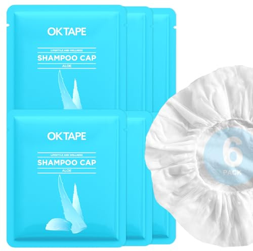 OK TAPE No Water Shampoo Cap (6 Packs), Microwaveable Rinse Free for Bedridden Patients or Elderly, Waterless Shampoo and Condition Hair, Aloe Vera Fragrance