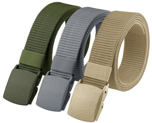 Huiguli Cnturones Hombre, 3 Piezas Cinturón Táctico Nylon con Hebilla Plástico,150cm Cinturón Canvas sin Agujeros para Hombre