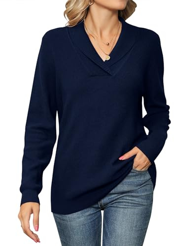 IECCP Women's Jumpers V Neck Long Sleeve Tops Women Solid Color Pullover Lapel Knit Sweater Navy Blue M