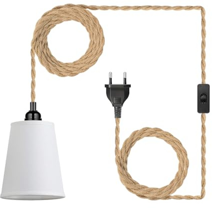 Vintage Hängelampe mit Stecker Boho Klein Pendelleuchte Stoff Schirm | Weiß Lampenschirm Hängeleuchte, Esstischlampe, Hängende Wandlampe, E27, 450cm Kabel, für Schlafzimmer Küche Esstisch Geschenk