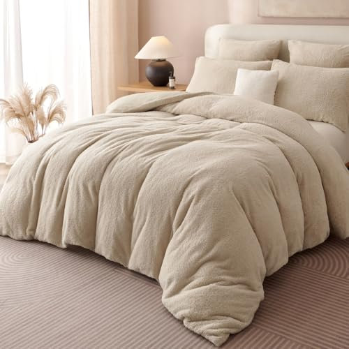 Lanqinglv Juego de ropa de cama de felpa de 200 x 220 cm, forro polar, color beige, tacto cachemira, ropa de cama cálida de invierno, funda nórdica térmica reversible y 2 fundas de almohada de 80 x 80