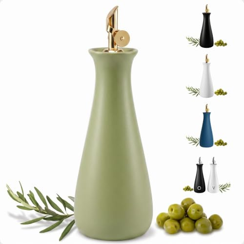 Dispensador de aceite de oliva de cerámica con boquilla dorada de cierre automático, capacidad de 530 ml, dispensador de aceite de cerámica verde mate para cocina, botella dispensadora de AOVE a