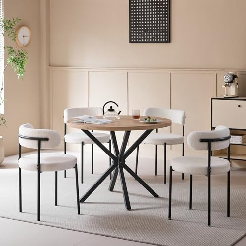 DEYARNA HOME Essgruppe Set Tisch und Stühle, 100cm Runder Esstisch mit 4 Esszimmerstühlen, Tisch und 4 Stühle für Küche, Wohnzimmer, Balkon, Restaurant, Büro (Helle Holzfarbe+Weiß)