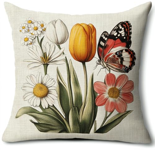 AMBATTERY Kit De Broderie Coussin, Belles fleurs et papillons Housse De Coussin À Broder Point De Croix 45X45cm Broderie Coussin Point De Croix Kit Complet Coussin À Broder Pour Débutants