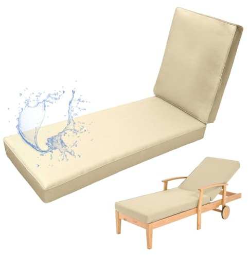 Aocase Colchoneta para Tumbona de Jardin Impermeables Cojin Tumbona Acolchado de Exterior Plegable Cojín para Chaiselongue con Cremallera Lavable con 6 Correas,Ivory 38,190x60x5cm