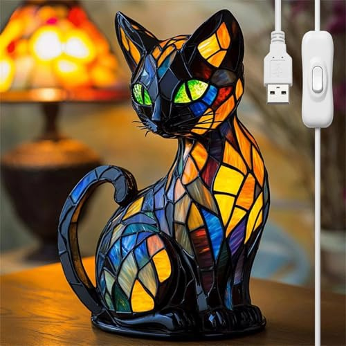 Lámpara para gatos, luz nocturna para gatos y perros, lámpara de gato brillante, lámpara de gato retro, lámpara de vidrio multicolor con atmósfera de luz cálida, adecuada para iluminación de salas de
