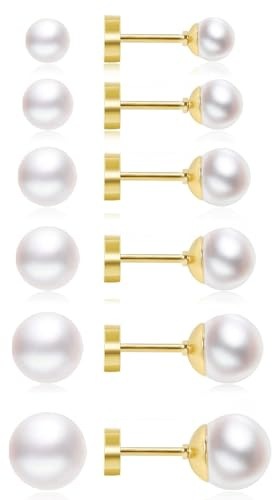 6 par pärlörhängen med platt baksida för kvinnor flickor, 14K guld kirurgiskt stål små örhängen set allergivänliga broskhelix örhängen 3-8 mm pärlskruv tillbaka stift örhängen för piercing smycken