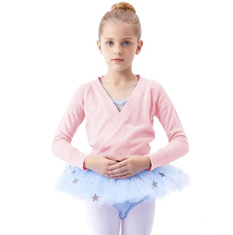 LXEASYGO Girls Ballet Wrap Tops Knitted Dance Cardigans Kids Long Sleeve Crossover Dance Sweater (UK, Age, 4 Years, 5 Years, Regular, Pink)