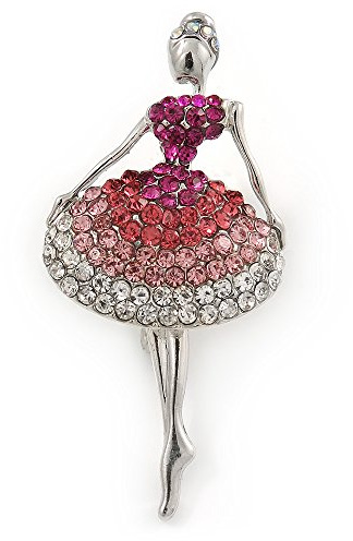 Broche ballerine en métal argenté avec cristaux transparents/rose/magenta, 57 mm de long, taille unique, Pas de type de métal, diamante