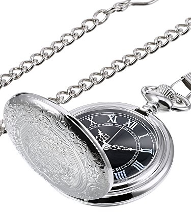 Quartz Pocket Watch for Men with Black Dial and Chain (Silver)