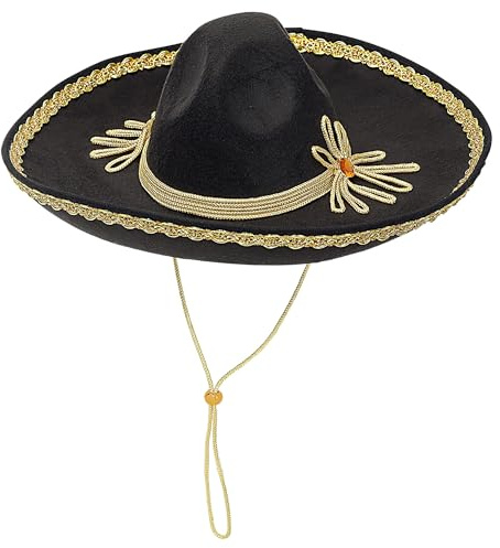 W WIDMANN MILANO Party Fashion - Mexikanischer Sombrero schwarz 50 cm | Schwarzer Filz-Sombrero mit goldenen Verzierungen und Trageband - Kostümaccessoire für Karneval und Mottoparty