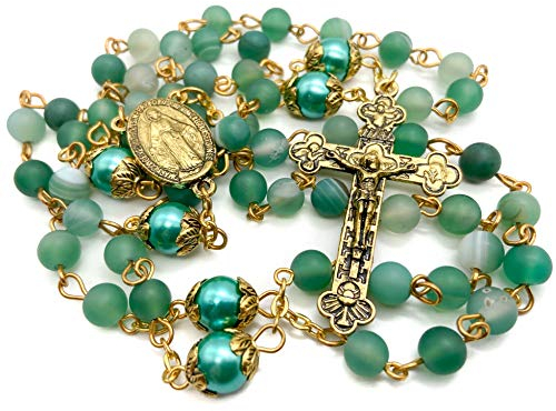 Nazareth Store Katholische Gold Rosenkranz Halskette Matt Stein Perlen Grün 10mm Perle Runde Perlen Wunderbare Medaille & Kreuz - Samt Tasche