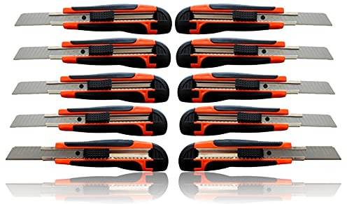 10er Set Cuttermesser 18mm Klingenbreite | scharfe Cuttermesserklingen | Teppichmesser für Heimwerker | Paketmesser | Allzweckmesser mit Klingenfixierung | Profi Kartonmesser [ergonomischer Griff]