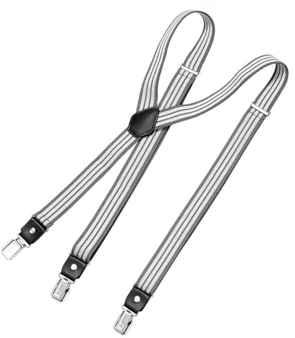 DonDon Bretelle da uomo eleganti strette 2,5 cm con 3 clip extra forti e toppa in pelle A strisce bianco nero