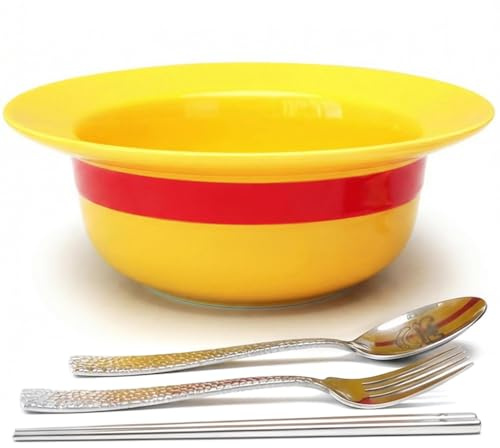5-in-1 Gift Set - 7.5 Straw Hat Shaped Ceramic Bowl with Stainless Steel Utensils - Novelty Ramen Bowl for Noodles, Salad, Cereal - Unique Japanese Style Kitchen Decor Gift for Anime Lovers
