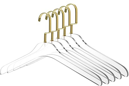Hochwertige transparente Acryl-Kleiderbügel von Lucite, 5er-Pack, stilvolle Kleiderbügel mit goldenen Haken,Kleiderbügel für Kleid,Schrank-Organizer Erwachsene Kleiderbügel (Glänzendes Gold, 5)