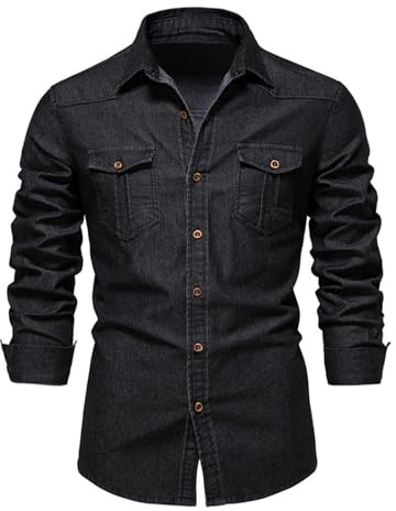 HOTIAN Chemise pour Homme, en Denim, à Manches Longues, pour Loisirs, Affaires, Coupe ajustée