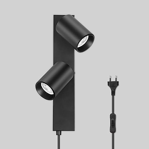 TaFiCo Applique Murale 2 Spots Interieur avec Interrupteur et Prise - Noir Lampe Murale Orientable 350°Spot Luminaire Mural Vintage pour Chambre Salon Cuisine Sans Ampoule