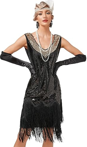 Viloree Gatsby 1920-tals ”flapper”-klänning för kvinnor, vintage, med paljetter, fransar, pärlor, art deco, fin klänning med ärm, för fest, bal, M