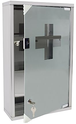 UISEBRT Medizinschrank aus Edelstahl 30 x 12 x 50cm, 3 Fächer Abschließbar Arzneischrank mit Glastür, Erste Hilfe Schrank inkl. 2 Schlüsseln, Medikamentenschrank Apothekerschrank, Silber