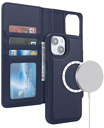 ELTEKER Hülle für iPhone 13/14, Klapphülle, Blau | 2-in-1 Abnehmbare Magnetische, Kabelloses Laden Kompatibel, Kartenfach, PU-Leder, Stoßfest
