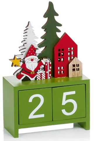 Weihnachts-Countdown-Kalender für Kinder, Holz, Weihnachtsmann-Design, 15 cm hoch, Grün