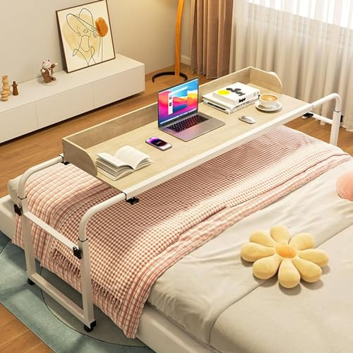 GXQFC Über-Betttisch auf Rollen Höhenverstellbar 65-95 cm/Breitenverstellbar 115-210 cm, Overbed Table Mobiler Schreibtisch Pflegetisch Laptoptisch Bettbeistelltisch für Das Heimbür(Color:Holz)