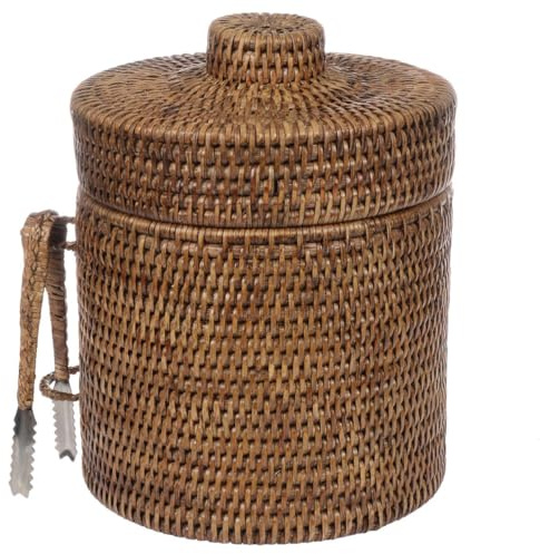 Eiskübel/Eiseimer mit Deckel und Zange, aus Kunststoff & geflochtenem Rattan, Ø 20 x H 25 cm / 2,5 Liter, für Flaschen und Eiswürfel