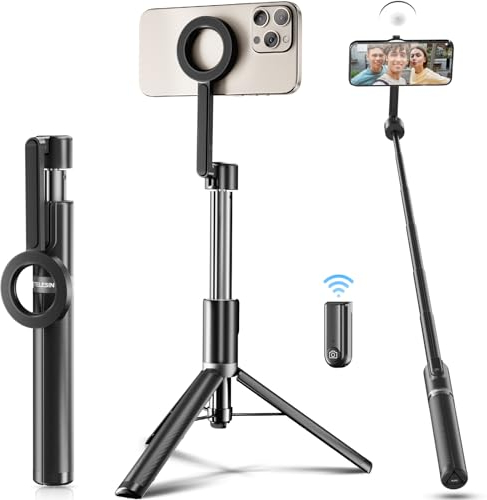 TELESIN° Support Magnétique Portable pour Selfie avec Anneau Lumineux Magnétique Ajustable Rechargeable à 3 segments pour iPhone 15, 14, 13, 12 Series Pro Max et Téléphones Android Fonction Magnétique