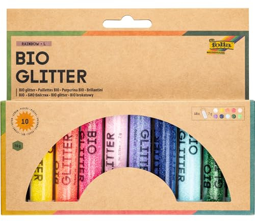 folia 57817 - Bio Glitter Mix RAINBOW L, 10 Tuben à 7g, organischer Glitzer in 10 verschiedenen Farben, zum Verzieren und Dekorieren