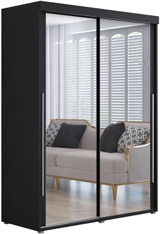 Meble Slupia Kleiderschrank IGA 2 - Schiebetüren mit Zwei Spiegel - Holzwerkstoff, Kleiderstange, Geteilte Tür - Für Schlafzimmer, Vorraum, Garderobe - Silberner Griff - 150x202x62 cm, Schwarz