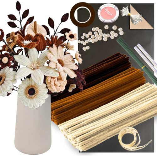 4 Farben Braun Pfeifenreiniger Blumen Set,200 Pcs Pfeifenputzer zum Basteln | Verlaufsbraun,Inkl. Perlen, Staubblatt, Blumendraht, Klebeband, Blumenpapier, Schleifenband,Pipe Cleaner Flower Set